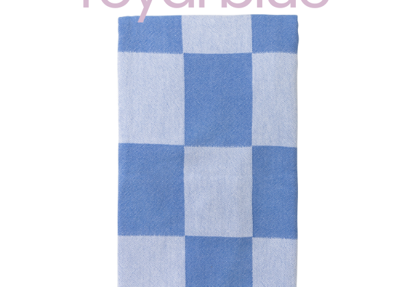 Checkered Turkish Towel with blue and white Checkers on a white background, labeled 'royal blue'.