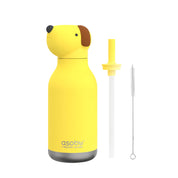 Yellow dog-shaped water bottle with straw and cleaning brush on a white background