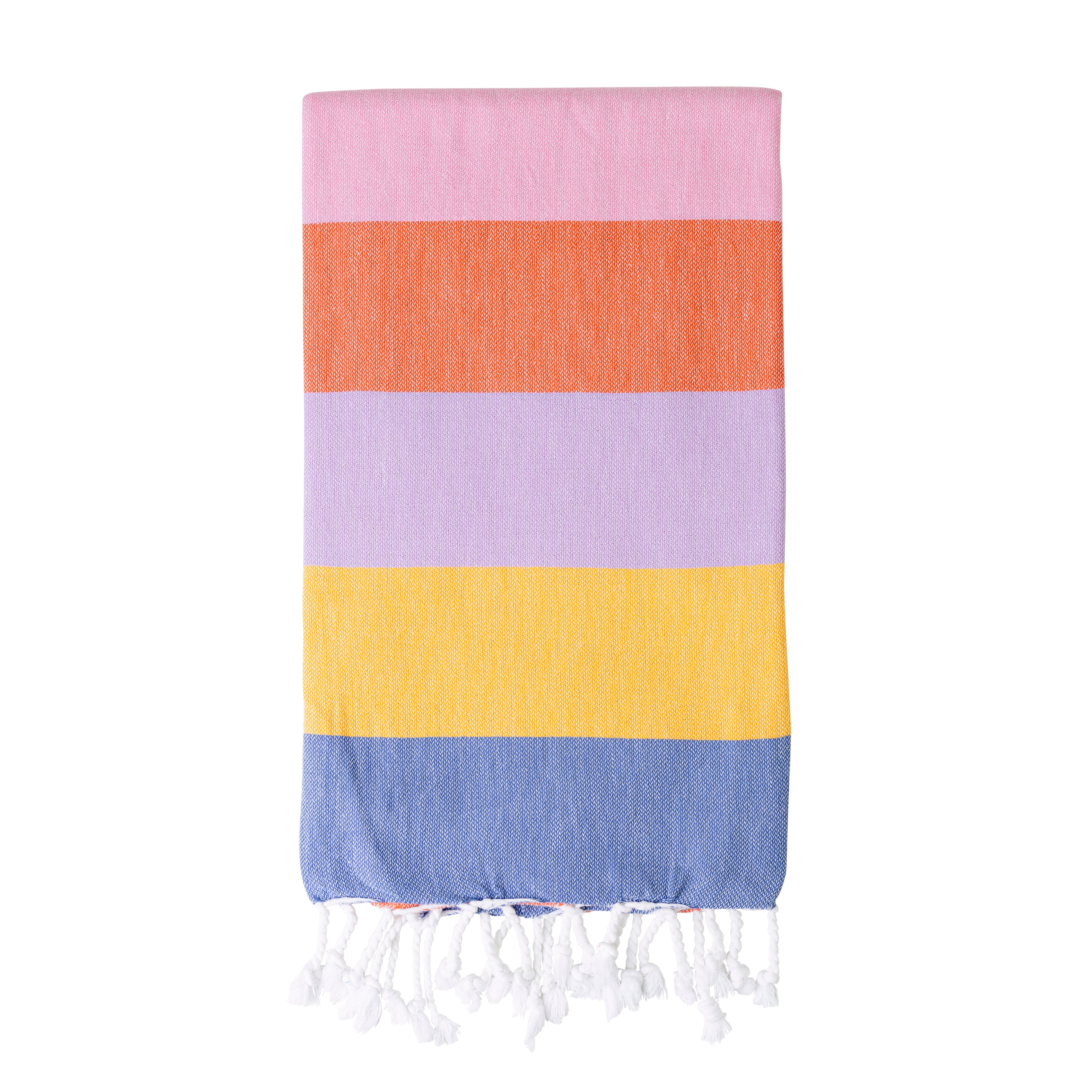 Multicolored striped Turkish towel with tassels folded on a white background, the colours are pink, orange, purple, yellow and blue.