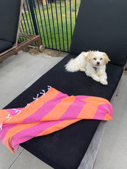 Orange and hot pink Turkish Towel with white tassels on sun bed by a pool with fluffy dog relaxing on it.