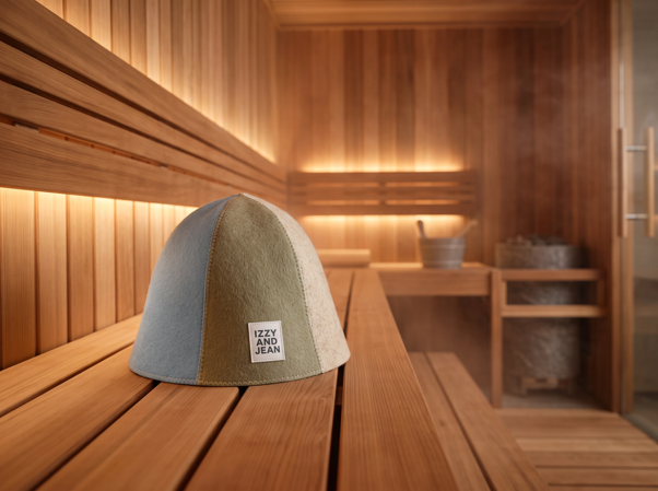 A dome-shaped felt sauna hat by Izzy and Jean wool hat with three color-blocked panels in ice blue, pale mint, and biscotti sits on a wooden sauna bench inside a wooden sauna room with warm ambient lighting.