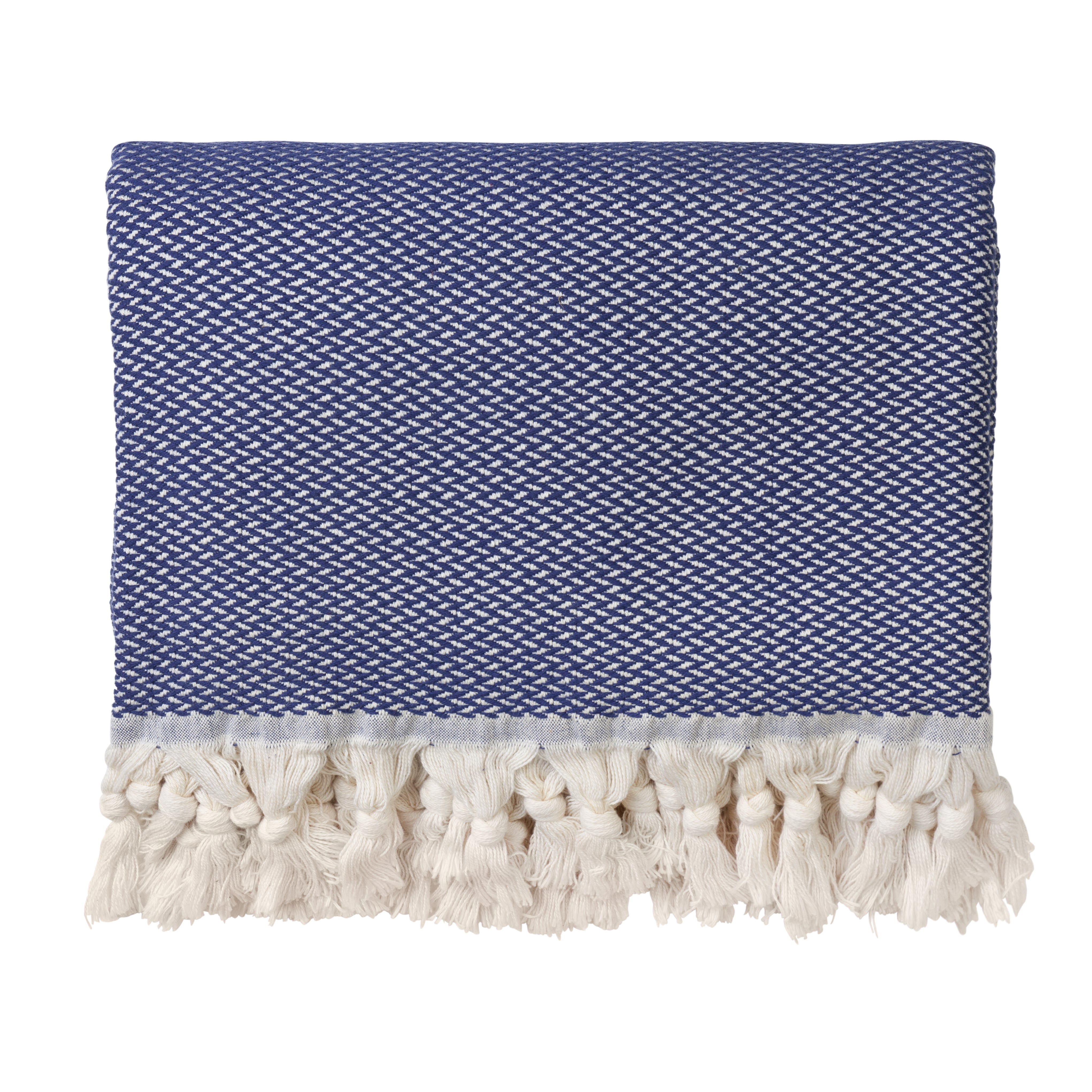 A dark blue throw blanket with a herringbone pattern and fringed edges on one end, laid flat.
