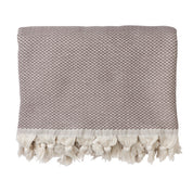 A brown throw blanket with a herringbone pattern and fringed edges on a white background.