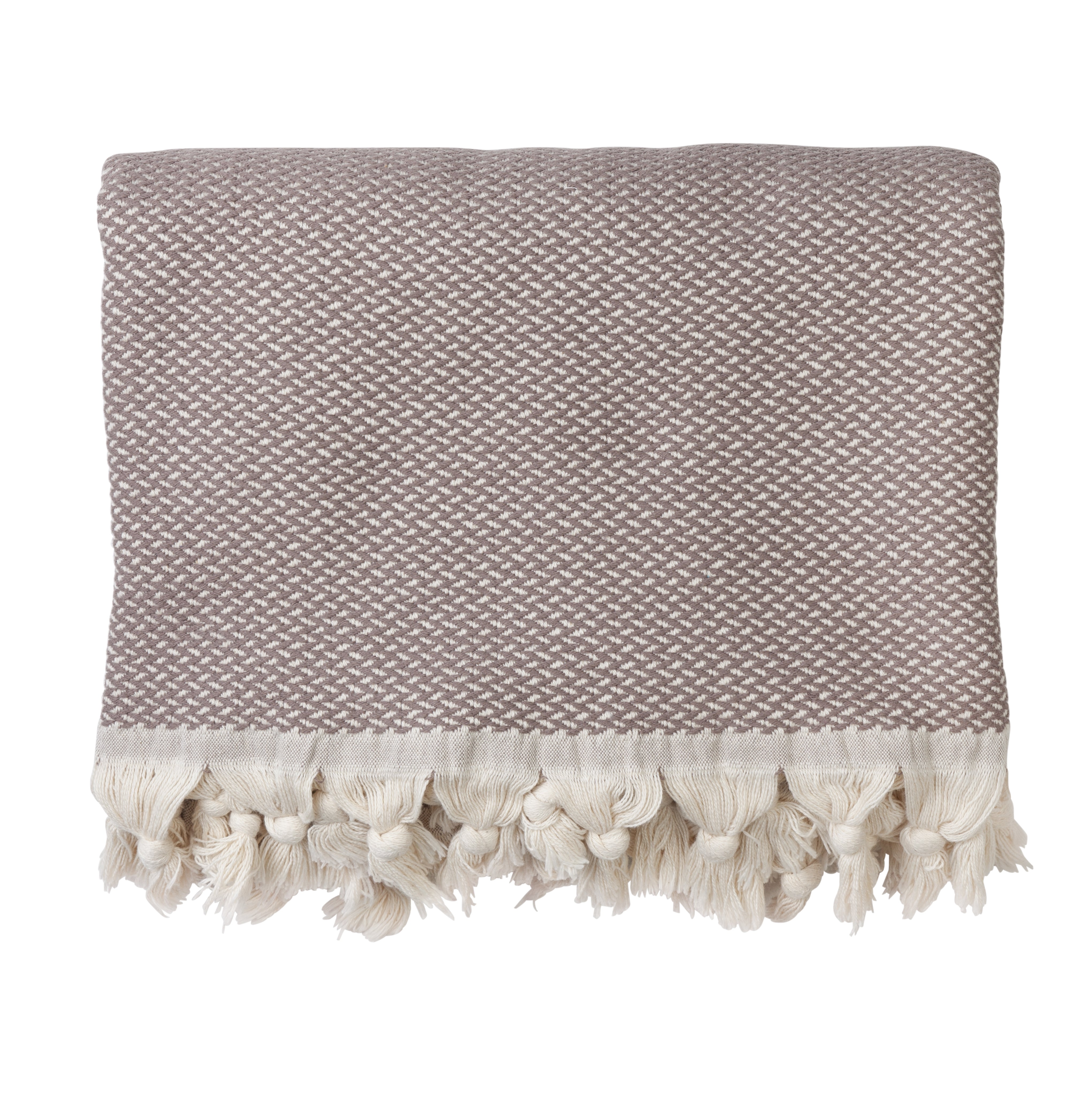A brown throw blanket with a herringbone pattern and fringed edges on a white background.