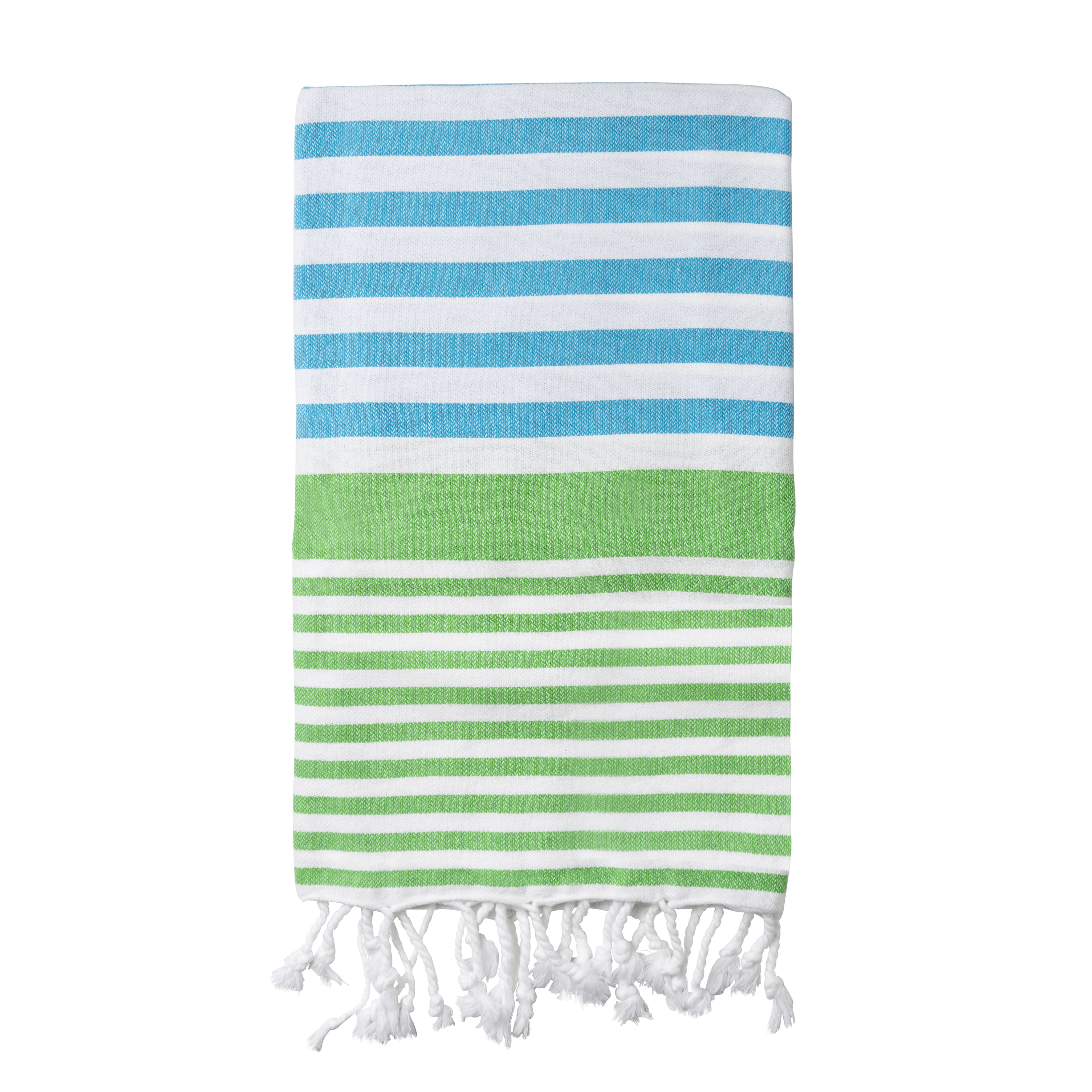 A striped Turkish towel in marine apple color, predominantly blue and green, with a fringed edge.