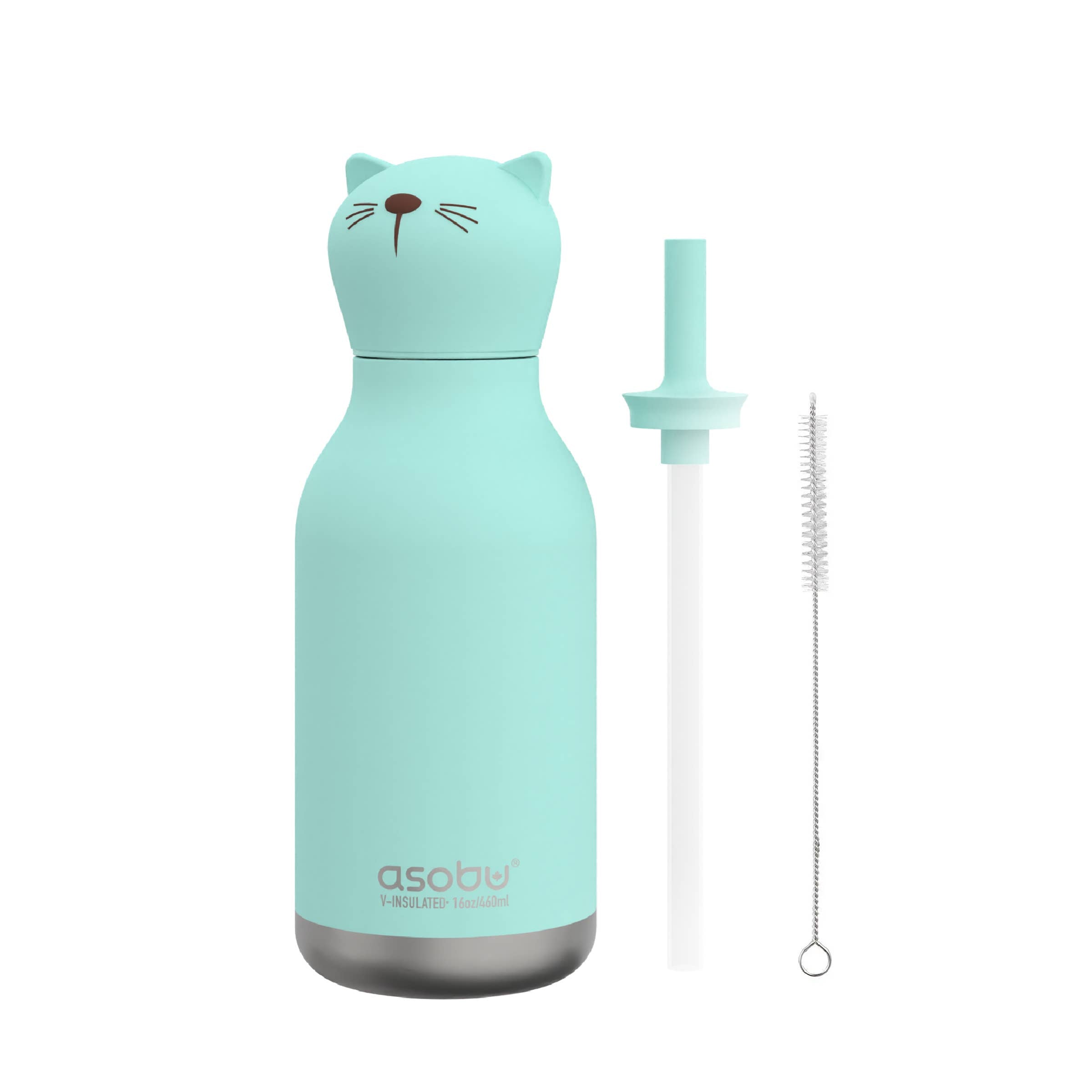 Mint green cat-shaped water bottle with straw and cleaning brush on a white background