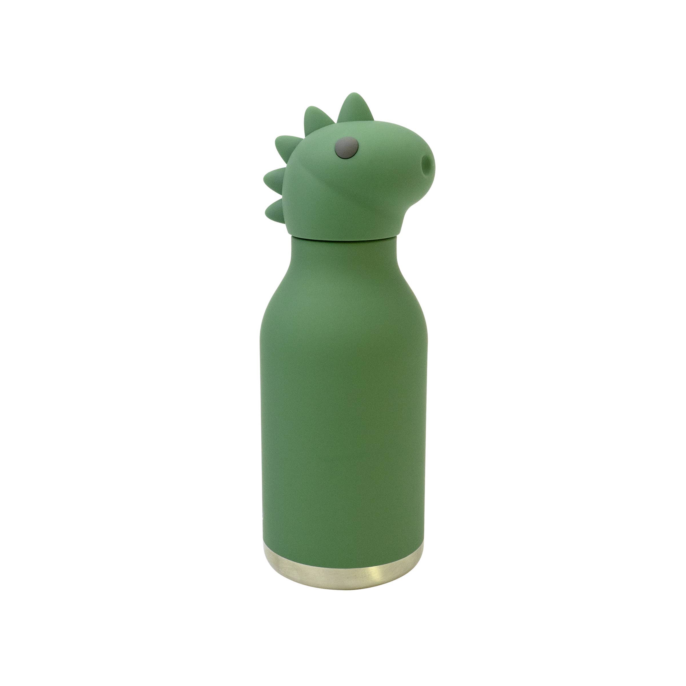 Green dinosaur-shaped water bottle on a white background