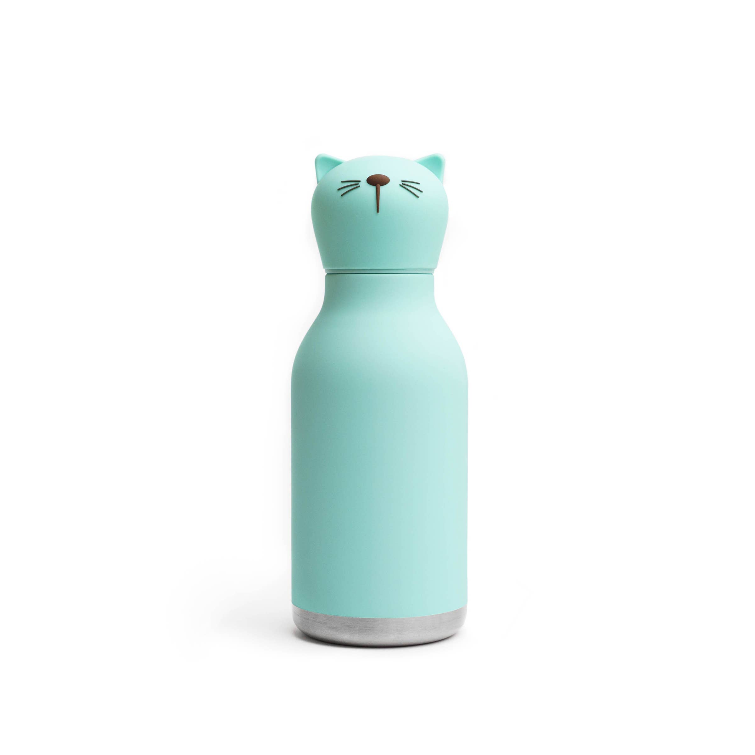 Mint green water bottle shaped like a cat on a white background