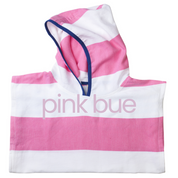Pink and white striped towel with 'pink bue' branding on a white background