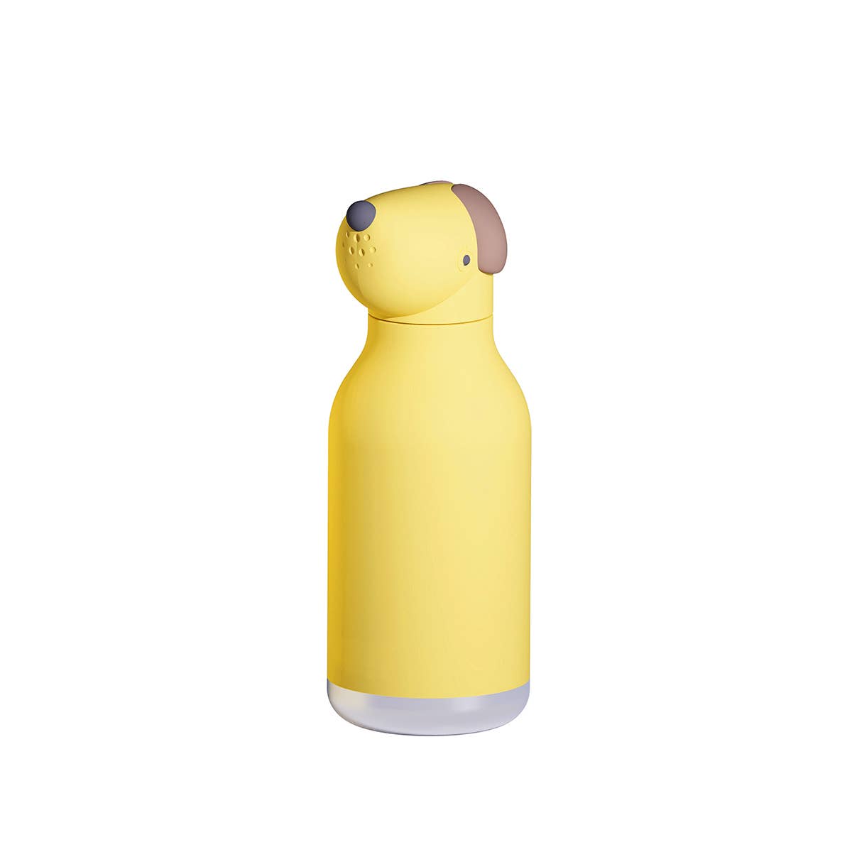 Yellow water bottle shaped like a dog on a white background