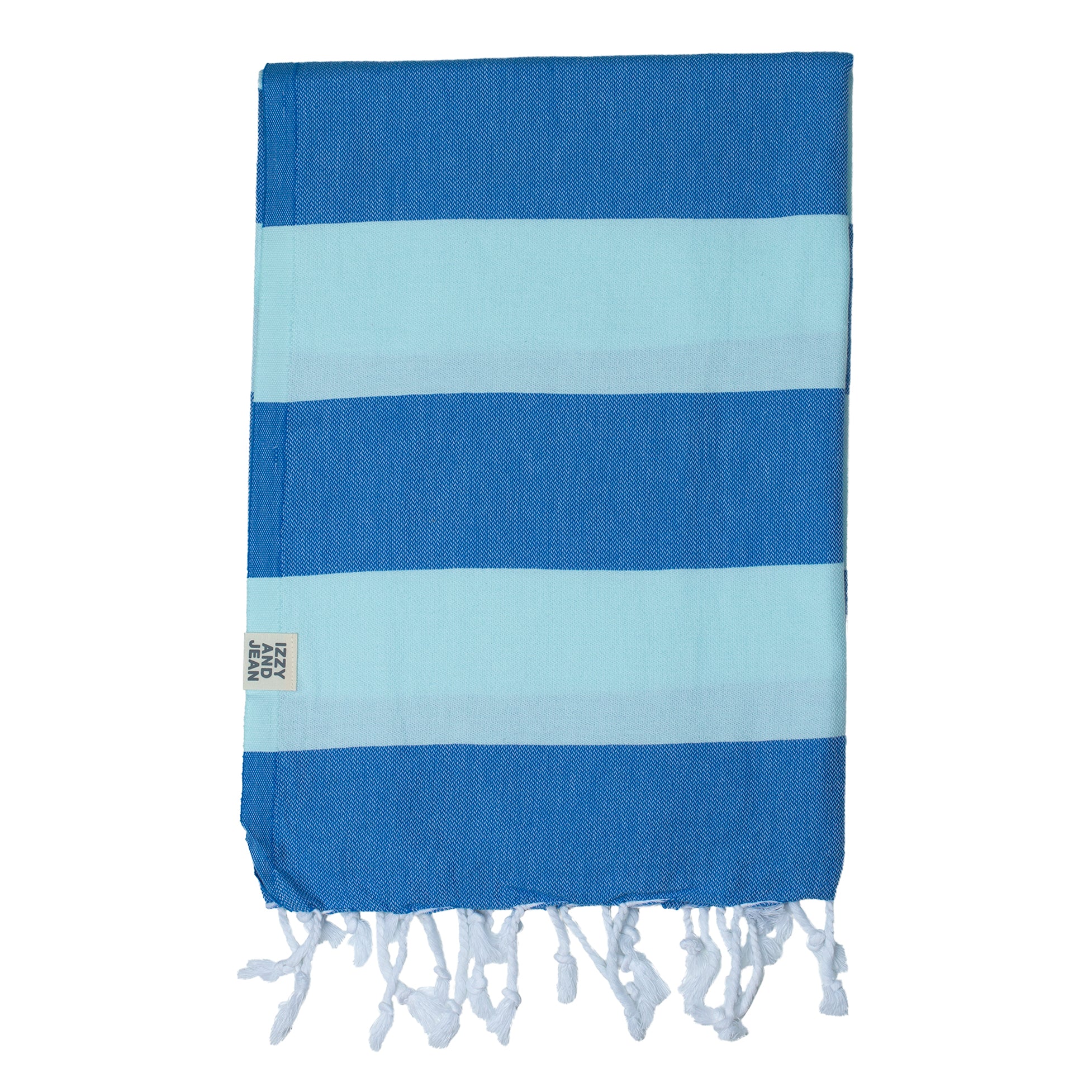 A folded striped towel with bands of blue and mint colours, featuring a lightweight design with tassels on the edges.