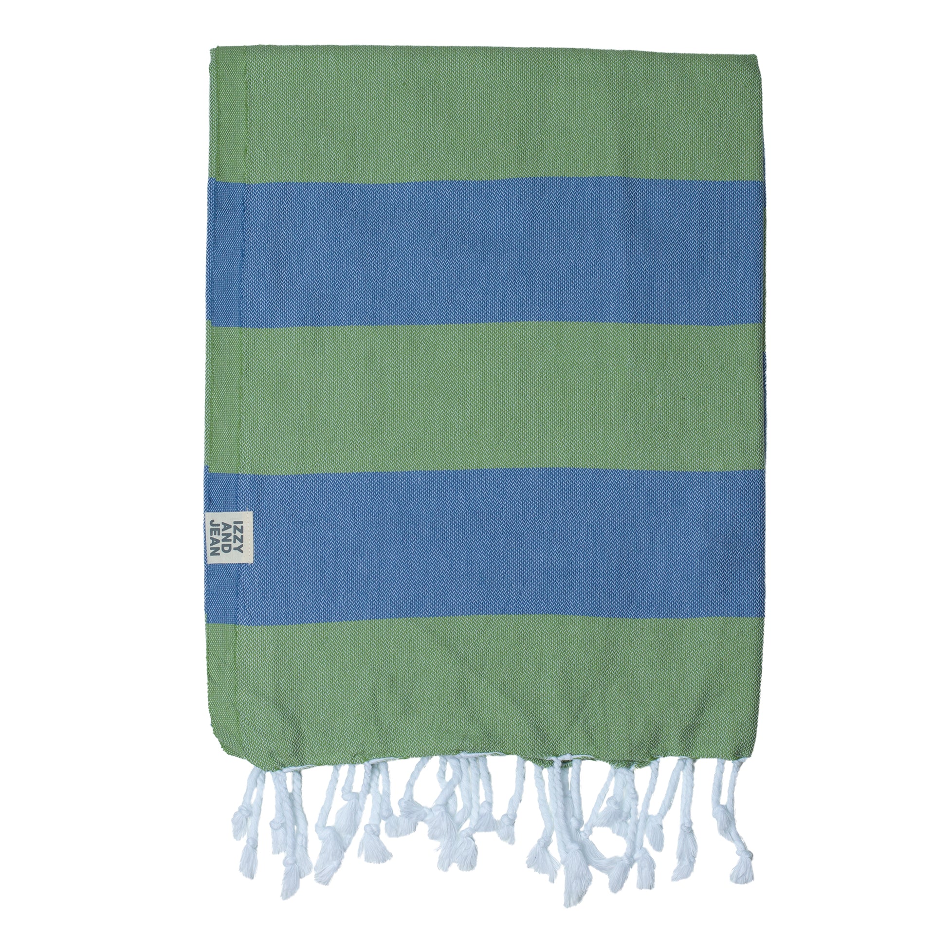 A striped towel with denim blue and olive colors, featuring white fringes on the edges.