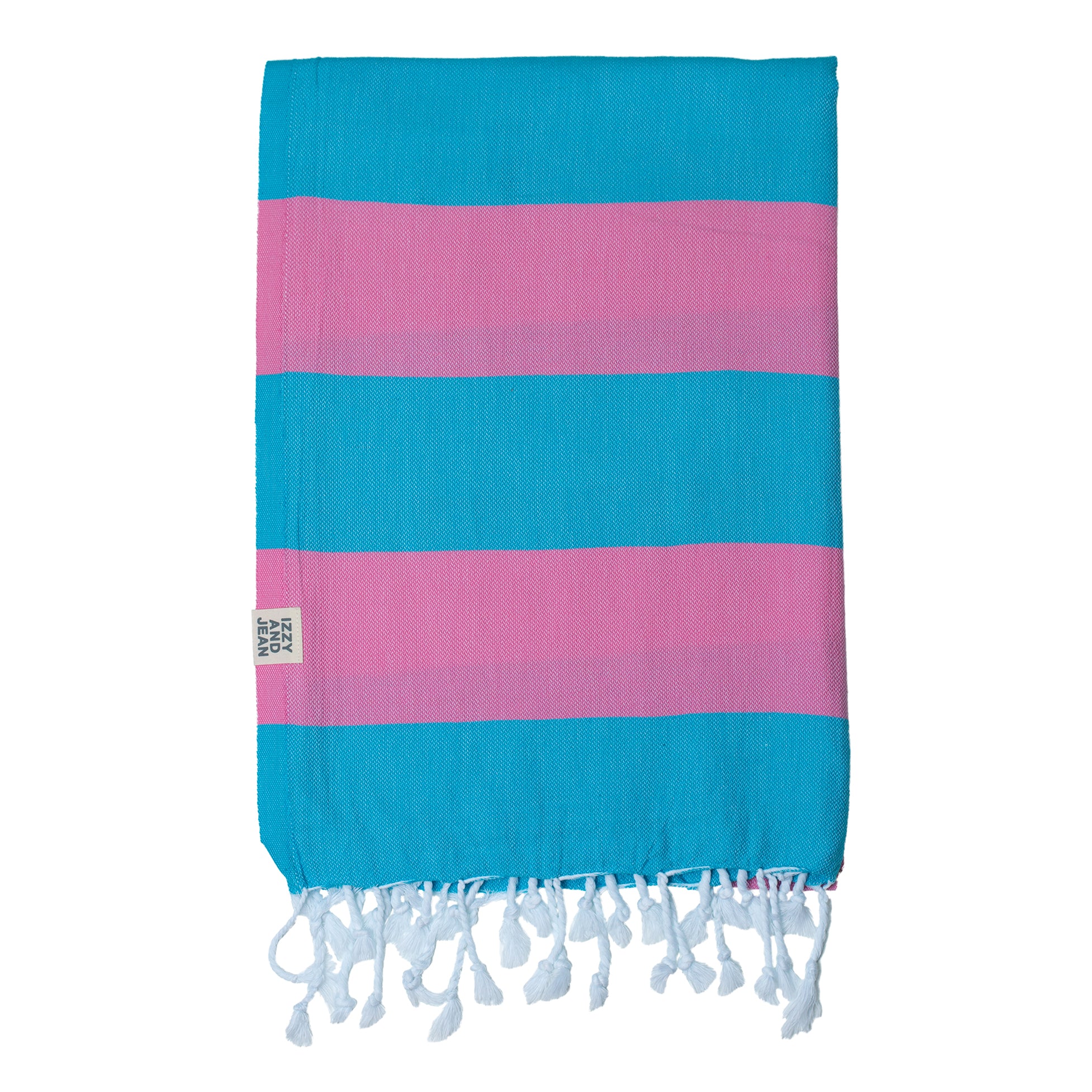The Santorini Turkish towel with marine blue and hot pink stripes featuring white fringes at the edges.