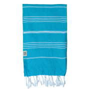 A blue/marine coloured Classic Turkish towel with white stripes and fringes displayed on a white background.