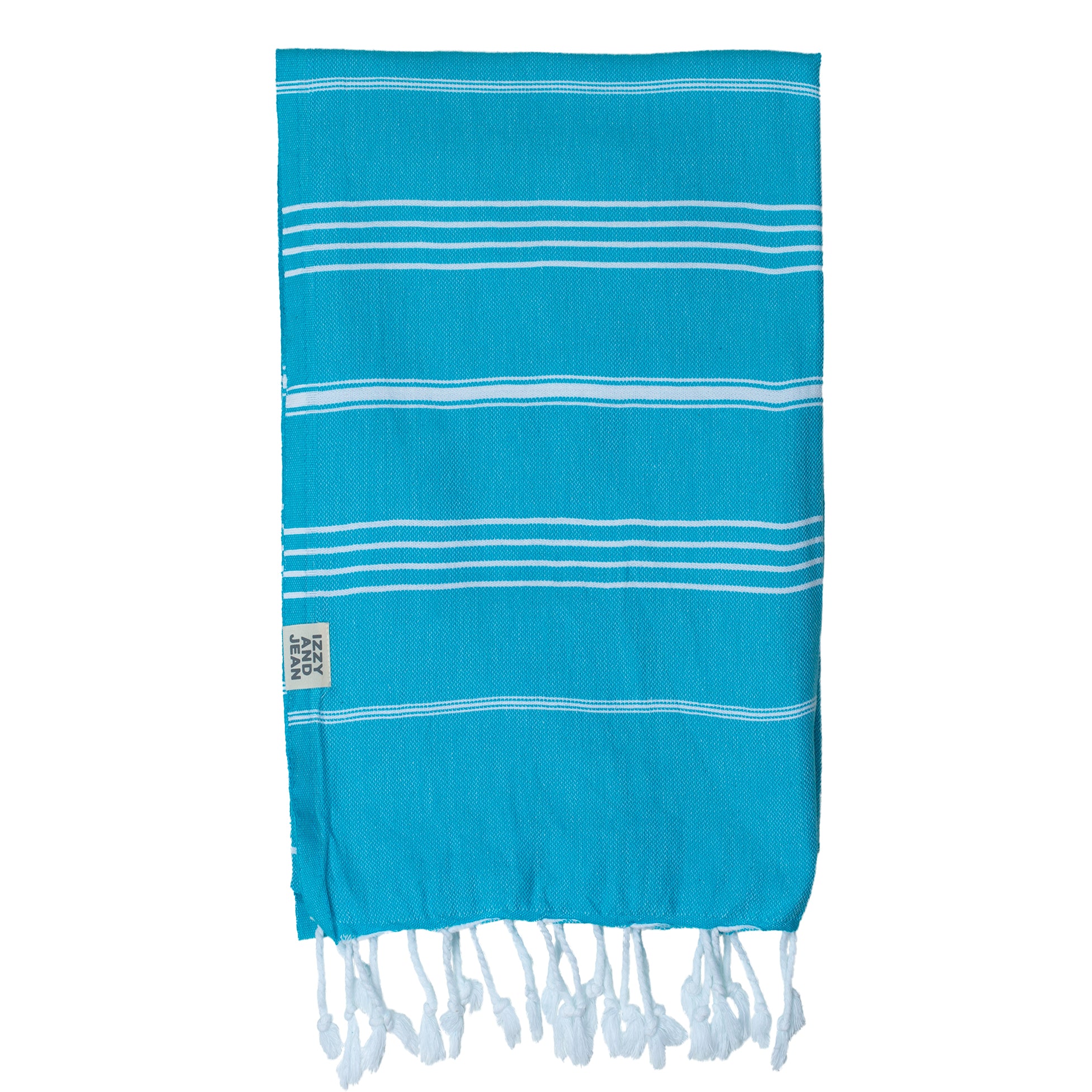 marine coloured Classic Turkish towel with white stripes and fringes displayed on a white background.