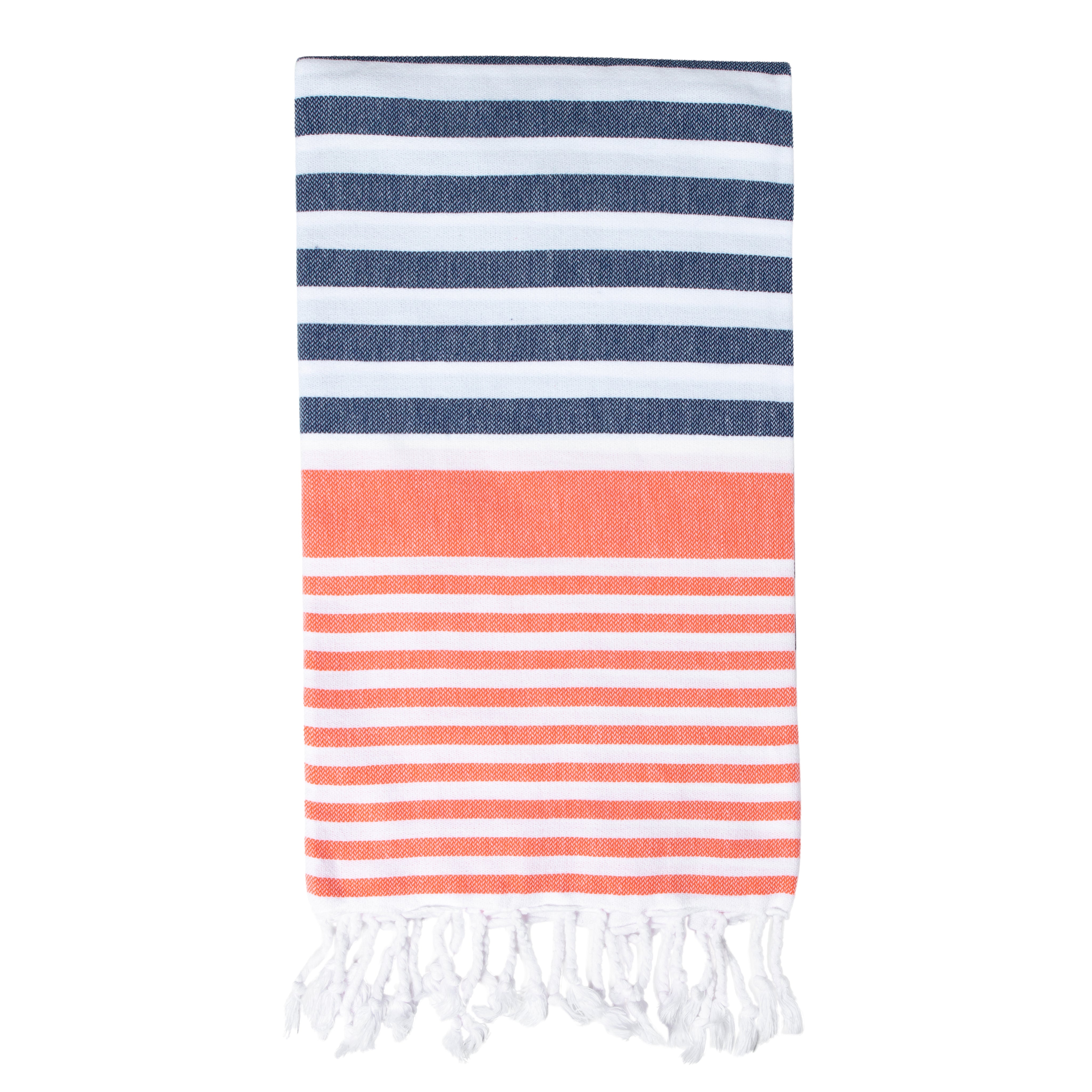 A striped Sofia Turkish towel in navy and coral with white stripes, displayed flat with fringes at the ends.
