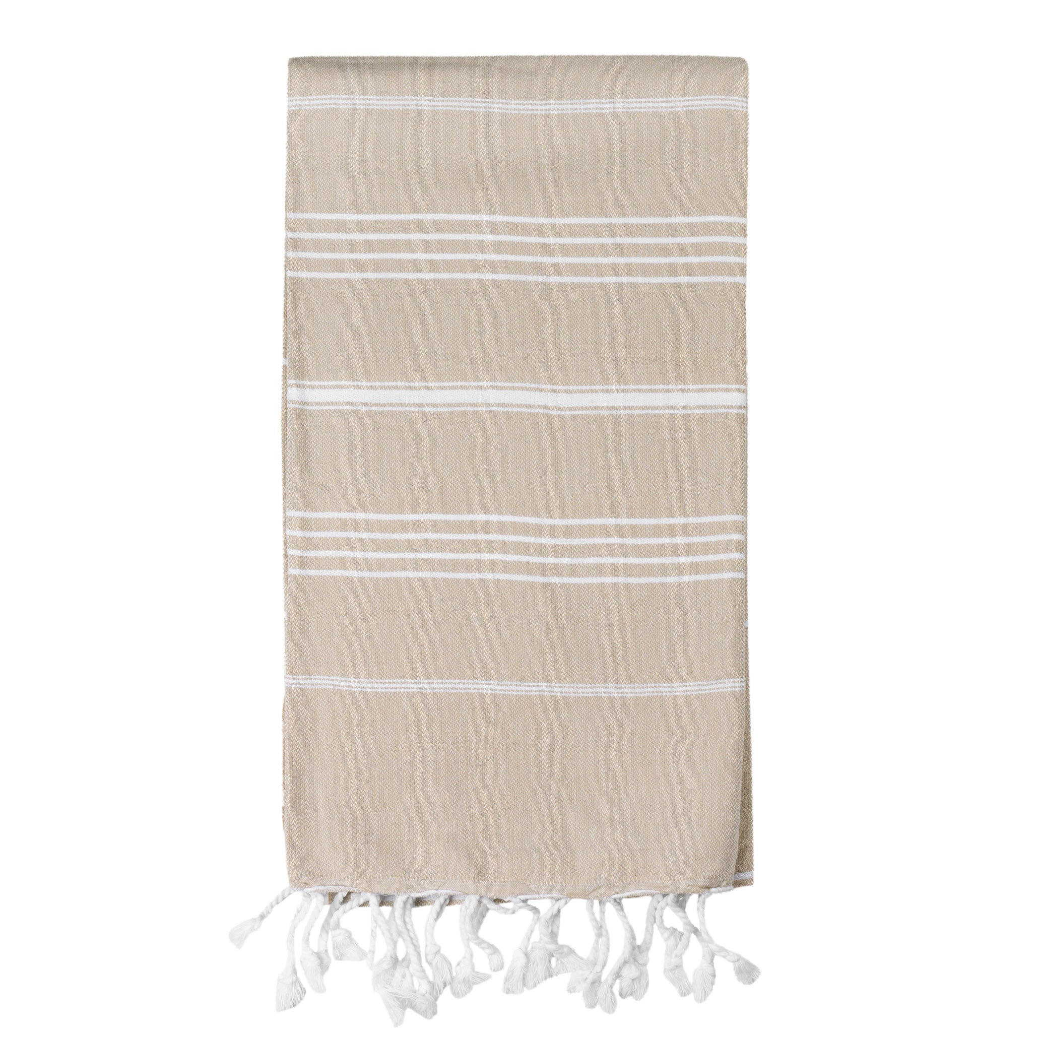 sand coloured Turkish towel with white stripes and tassels on the bottom edge.