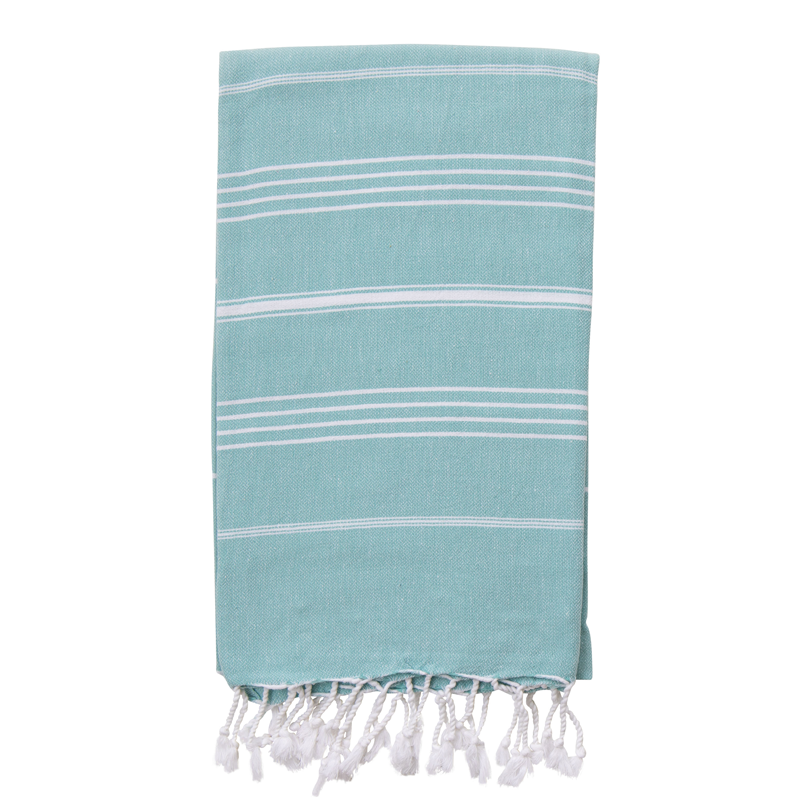 A mint Turkish towel with white stripes and fringes displayed on a white background.