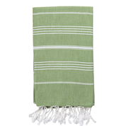 An olive coloured Turkish towel with white stripes and fringes on the bottom