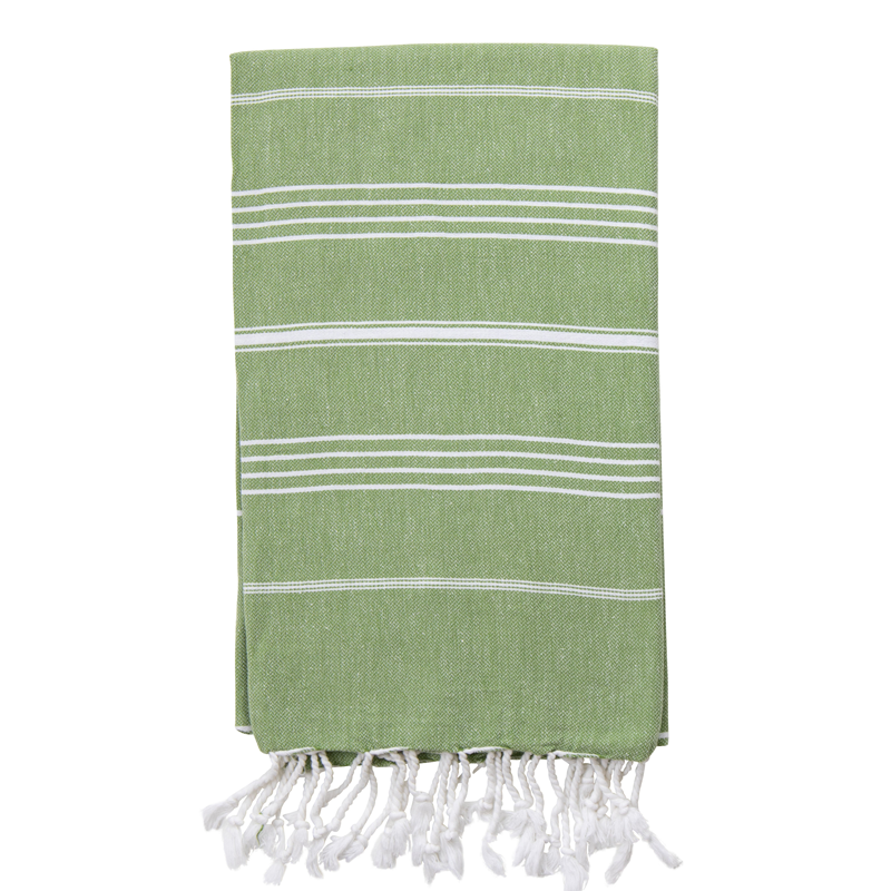 An olive coloured Turkish towel with white stripes and fringes on the bottom