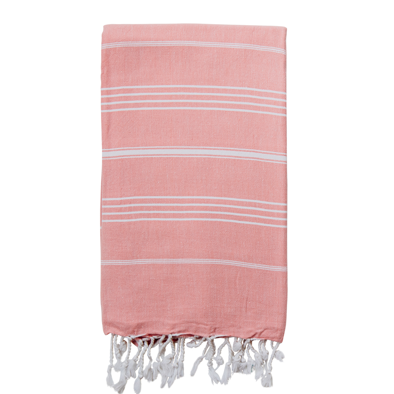 peony Turkish towel with white stripes and tassels on the end, displayed on a white background.