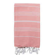 A pink/peony Turkish towel with white stripes and tassels on the end, displayed on a white background.