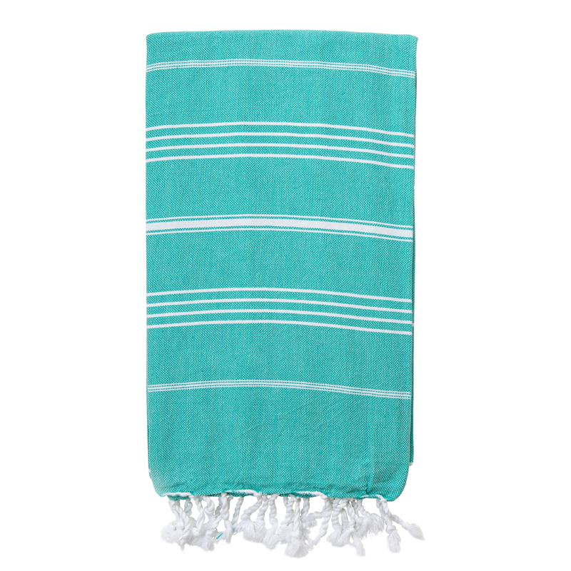 A folded turquoise Turkish towel with white stripes, displayed neatly with tassels at the bottom.