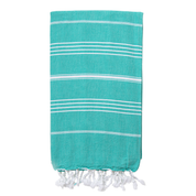 A folded turquoise Turkish towel with white stripes, displayed neatly with tassels at the bottom.