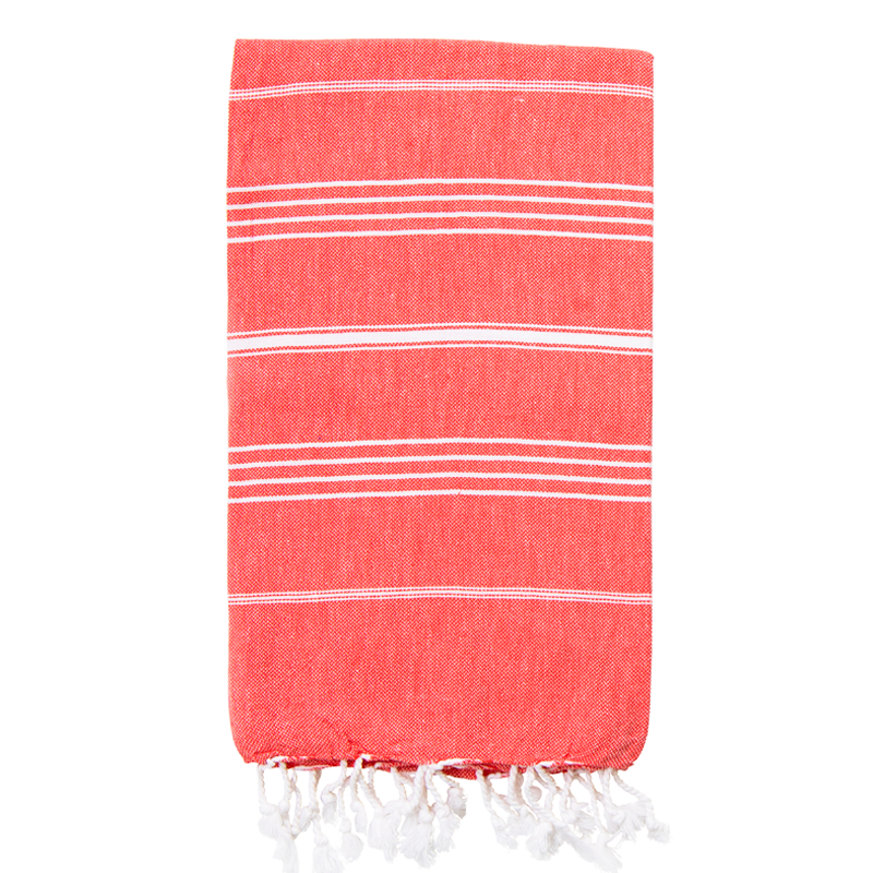 A watermelon Turkish towel with white stripes, displayed vertically with the fringes at the bottom