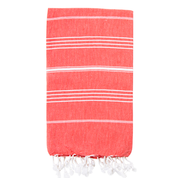 A watermelon Turkish towel with white stripes, displayed vertically with the fringes at the bottom
