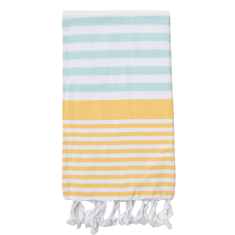 A striped Turkish towel in mint, yellow, and white colours with white fringes at the end.