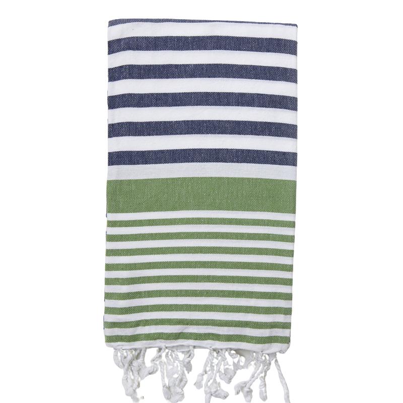 A striped Turkish towel with navy and olive green colors, featuring white fringes on the edges.