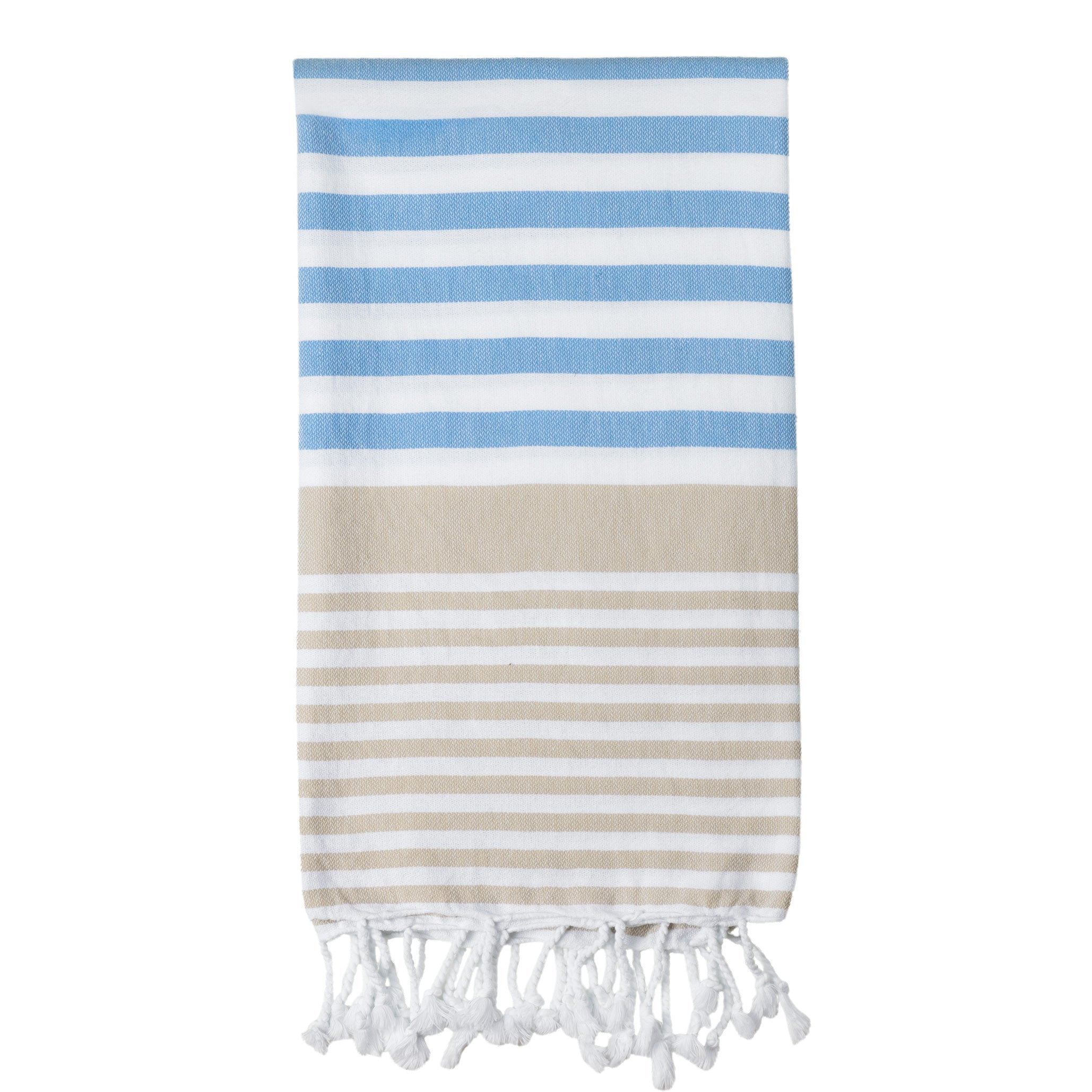 A folded striped Sofia Turkish towel in shades of sky blue and sand, with white stripes and fringes at the bottom.